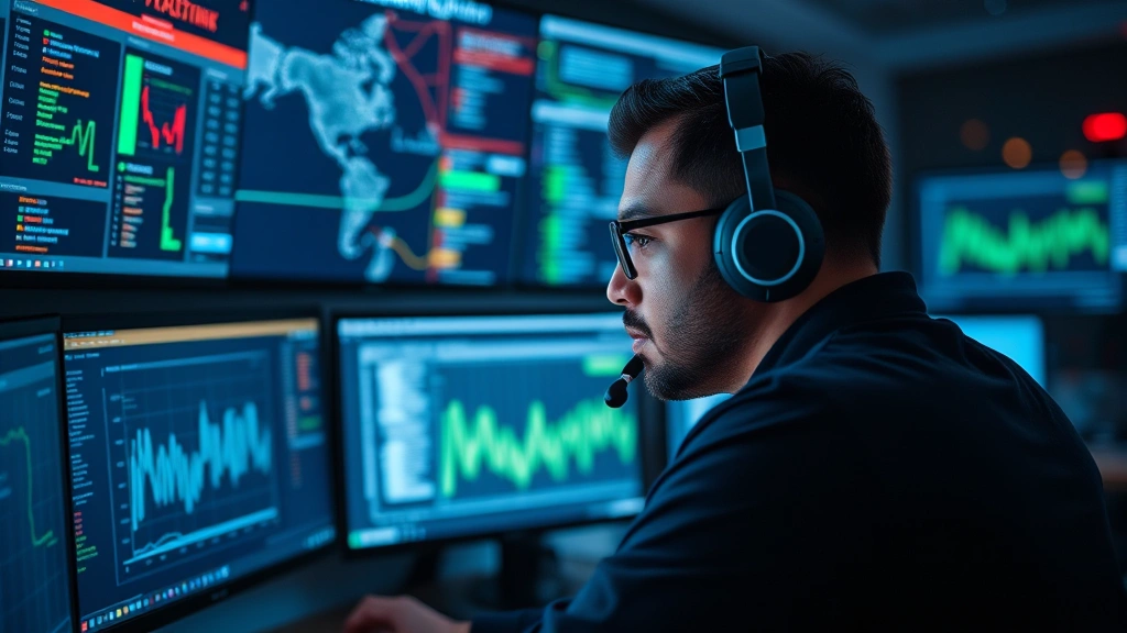 Cybersecurity expert monitoring multiple screens showing network traffic and threat detection dashboards in secure operations center, intense focus