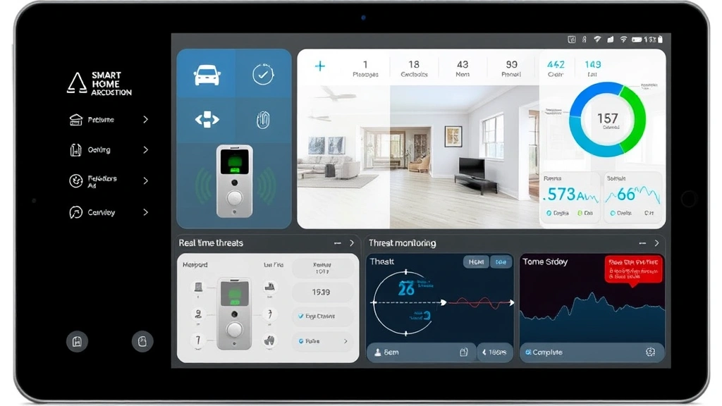 Integrated security system interface showing smart home controls, biometric authentication panels, and real-time threat monitoring dashboard on tablet device