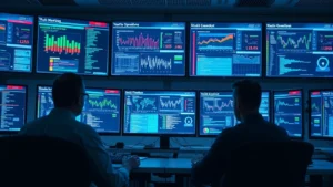 Network security operations center with multiple screens displaying real-time threat monitoring dashboards, cybersecurity analysts reviewing data patterns and security alerts in a modern facility