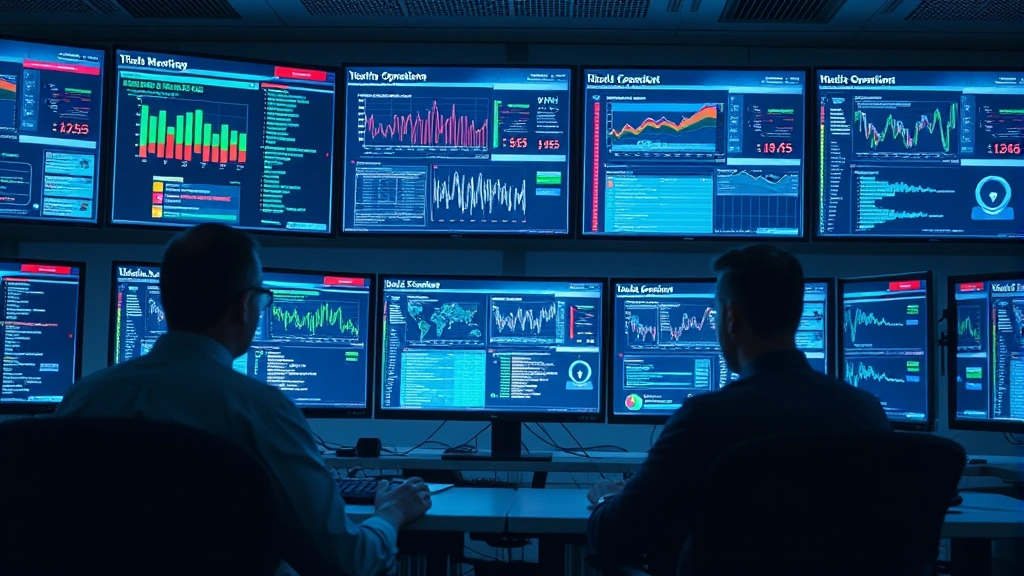 Network security operations center with multiple screens displaying real-time threat monitoring dashboards, cybersecurity analysts reviewing data patterns and security alerts in a modern facility