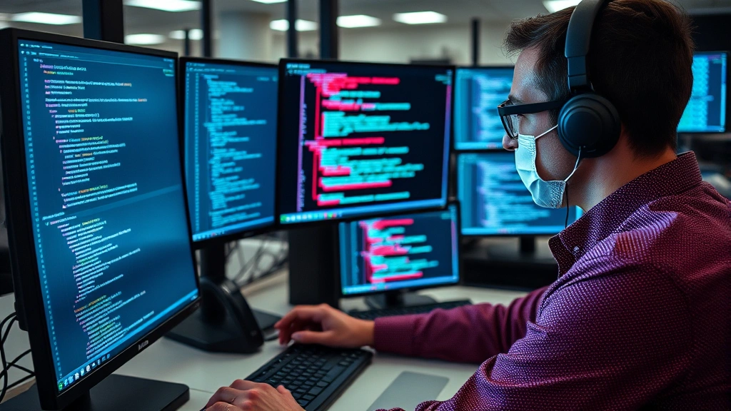 Cybersecurity professional conducting vulnerability assessment on computer systems, examining code and security configurations on multiple monitors in professional environment