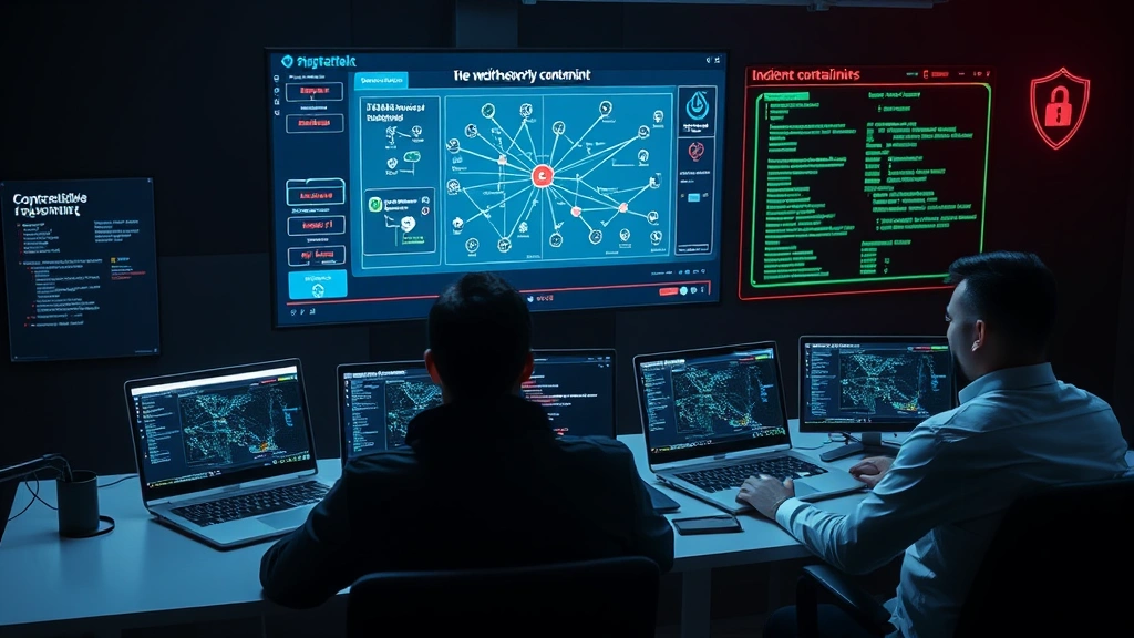 Digital representation of incident response team coordinating breach containment, showing network diagrams and security analysis tools in collaborative workspace