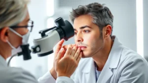 Professional dermatologist examining patient's facial skin in modern clinical setting with bright lighting, using magnifying lamp, focused on acne assessment and treatment planning