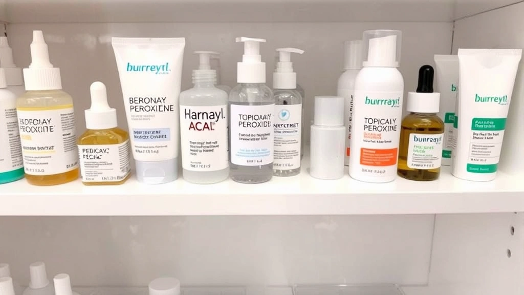 Rows of skincare bottles and topical acne treatment products displayed on white shelving, showing various benzoyl peroxide concentrations and formulations with clean labeling