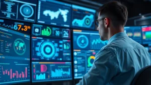 A cybersecurity analyst monitoring multiple digital security dashboards with data visualizations and threat indicators in a modern operations center, professional lighting, photorealistic