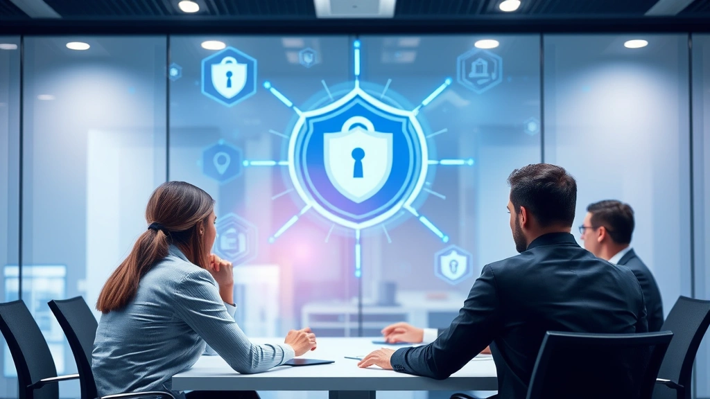 Business professionals in a conference room discussing security strategy with digital security icons and protective shield imagery visible in background, corporate setting, photorealistic
