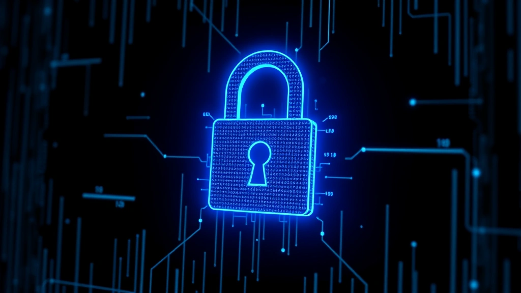 Digital padlock with glowing blue light on dark background, cybersecurity concept, abstract data visualization with lock symbol, photorealistic, no text or code