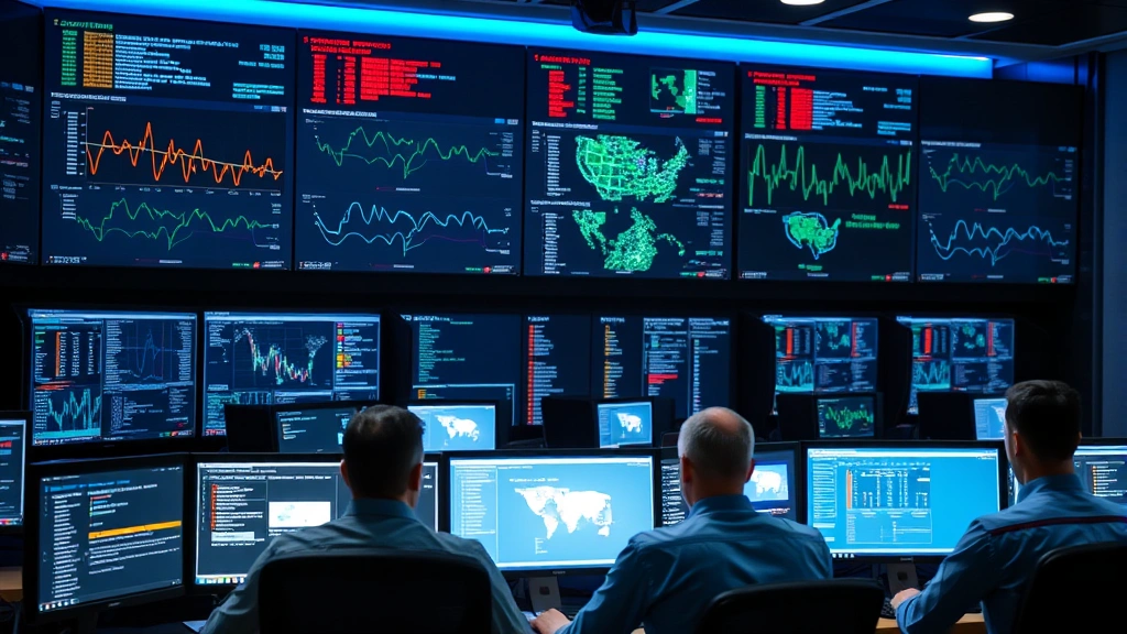 Security operations center with multiple monitors displaying network traffic patterns and security alerts, team of professionals monitoring systems, dim blue lighting, professional environment, no visible text on screens