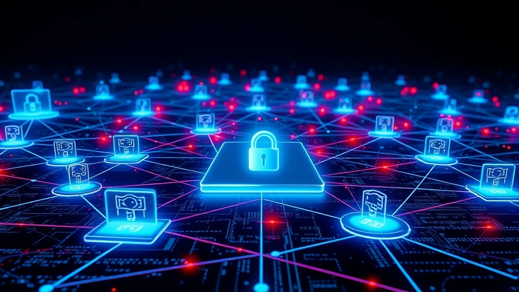 Network infrastructure visualization showing interconnected nodes and security barriers, data protection layers, firewall concept with digital elements, abstract cybersecurity landscape, no terminal windows or code