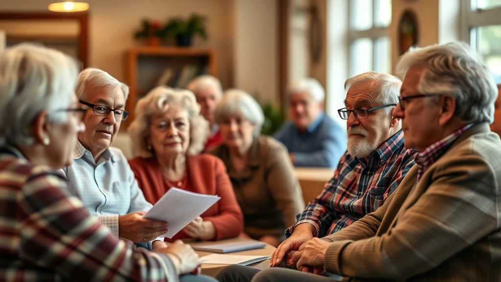 Diverse group of American seniors in a community center discussing retirement plans and financial security, warm lighting, candid conversation, focus on faces showing concern and hope