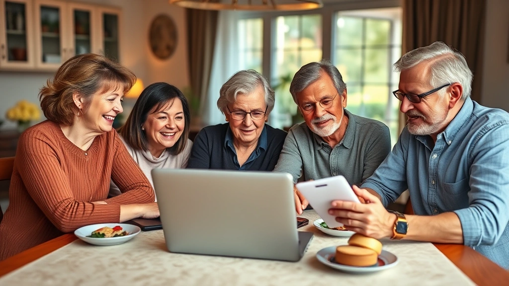 Multi-generational family at dining table with laptop, discussing retirement planning and finances, warm home setting, showing intergenerational wealth and security conversations