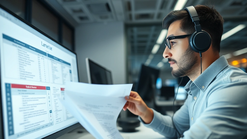 Cybersecurity professional examining classified documents on computer screen in modern office, focused expression analyzing data sensitivity levels, professional setting with security equipment visible