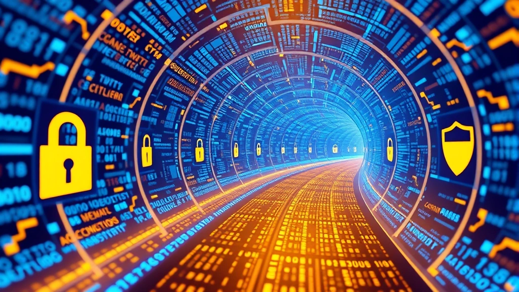 Digital data stream flowing through secure encryption tunnel with lock symbols and shield icons, representing protected classified information in blue and gold tones, abstract cybersecurity visualization