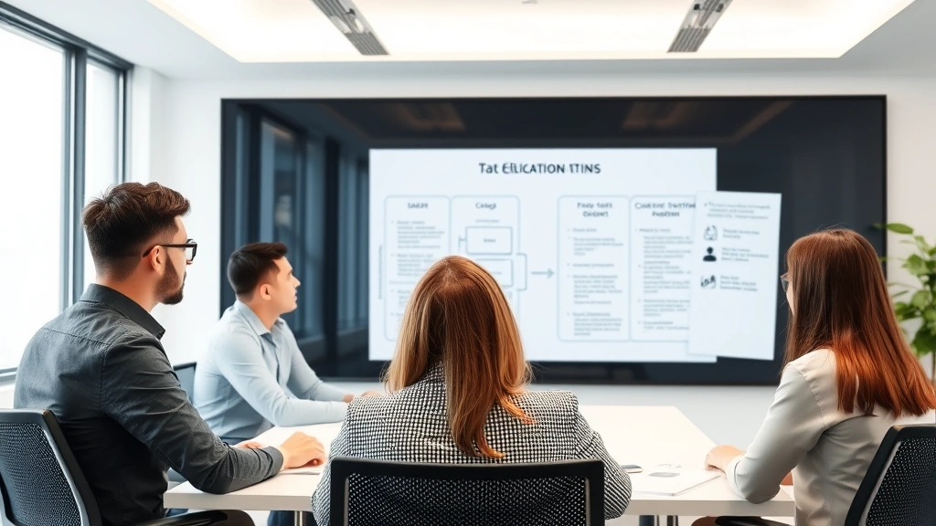 Security analyst team in conference room reviewing data classification framework on whiteboard, discussing protection strategies with charts and security protocols visible, collaborative professional environment