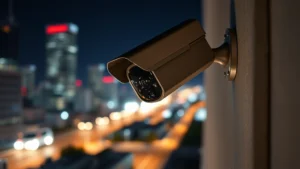 Professional security camera mounted on building corner at night, lens reflecting distant city lights, modern metallic housing, no text or indicators visible