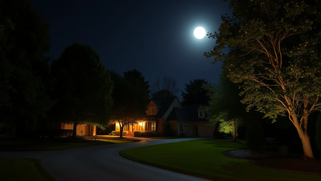 Night scene showing a residential property perimeter with clear color detail visible in moonlight, trees and landscape features in natural night colors, professional surveillance perspective