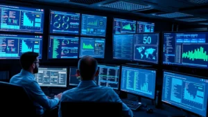 Network security operations center with multiple monitors displaying real-time threat detection dashboards, cybersecurity analysts monitoring infrastructure, professional office environment with blue and green data visualizations