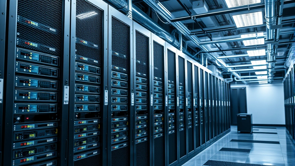 Secure data center with locked server racks, fiber optic cables, physical security barriers, professional IT infrastructure showing modern enterprise-grade security equipment and systems