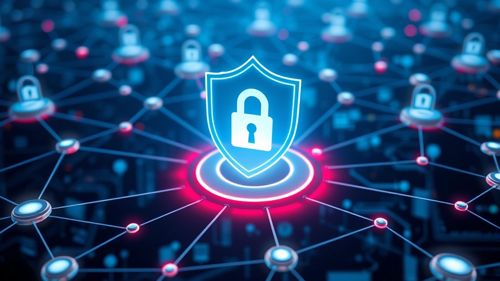Digital shield and padlock symbols floating above interconnected network nodes, representing zero trust architecture and layered security protection with modern cybersecurity visualization