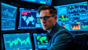 Professional cybersecurity analyst monitoring multiple computer screens displaying real-time threat detection dashboards and network security metrics in a modern SOC environment, blue and green data visualizations, serious focused expression