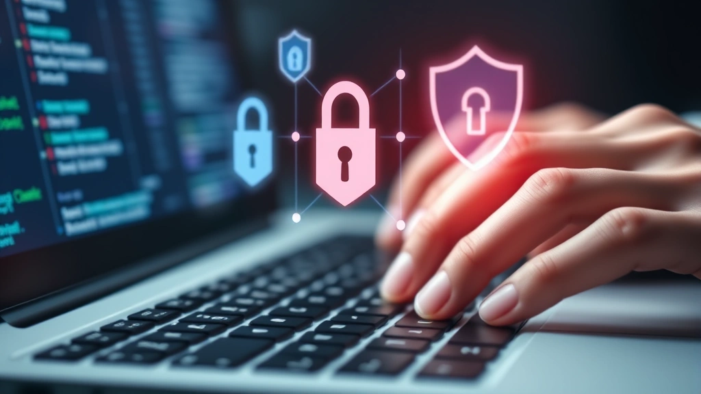 Close-up of hands typing on keyboard with digital lock symbols and shield icons floating above, representing data protection and encryption, modern tech aesthetic with cybersecurity theme