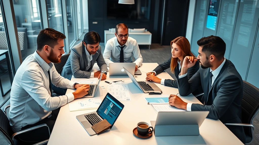 Team of security professionals in business attire collaborating around a table with laptops and tablets, reviewing security protocols and incident response plans, modern office setting with technology focus