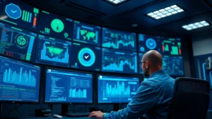 Photorealistic image of cybersecurity analyst monitoring multiple security dashboards on large screens in a modern command center with blue and green data visualizations, no text or code visible, professional environment with advanced monitoring systems