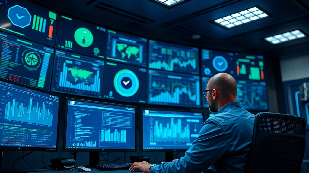 Photorealistic image of cybersecurity analyst monitoring multiple security dashboards on large screens in a modern command center with blue and green data visualizations, no text or code visible, professional environment with advanced monitoring systems
