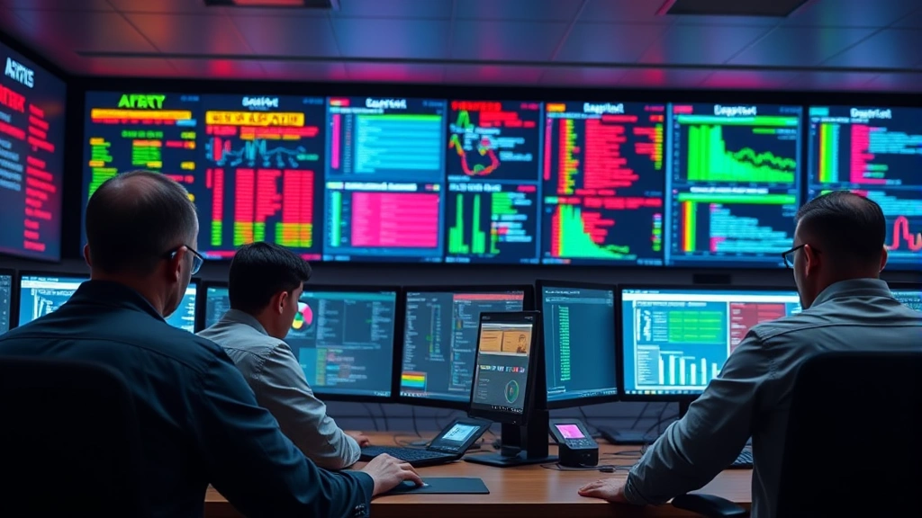 Photorealistic image of a security operations center with multiple team members monitoring threat detection systems, colorful security alerts and dashboards visible but no readable text, representing advanced threat detection and response operations