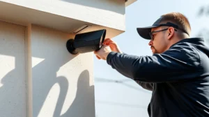 Professional installation technician mounting a sleek black battery-powered security camera on residential exterior wall in daylight, showing proper angle positioning and weatherproof housing without any text or labels visible