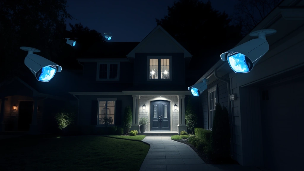 Nighttime residential property with multiple strategically positioned security cameras monitoring entry points, showing infrared capability and coverage zones through subtle lighting effects, no alerts or interface text