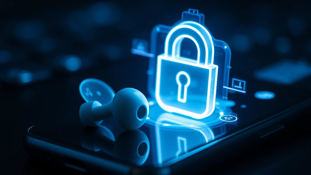 Close-up of premium wireless earbuds with security lock icon holographically displayed, sitting on a modern smartphone with glowing security indicators, professional lighting, dark background with blue cybersecurity ambient lighting