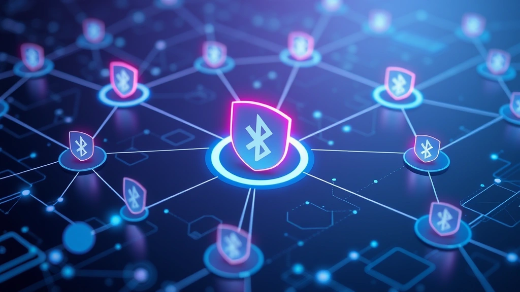 Network visualization showing secure encrypted Bluetooth connections between multiple devices with protective shields and authentication badges, digital security infrastructure, clean modern design without any text or code
