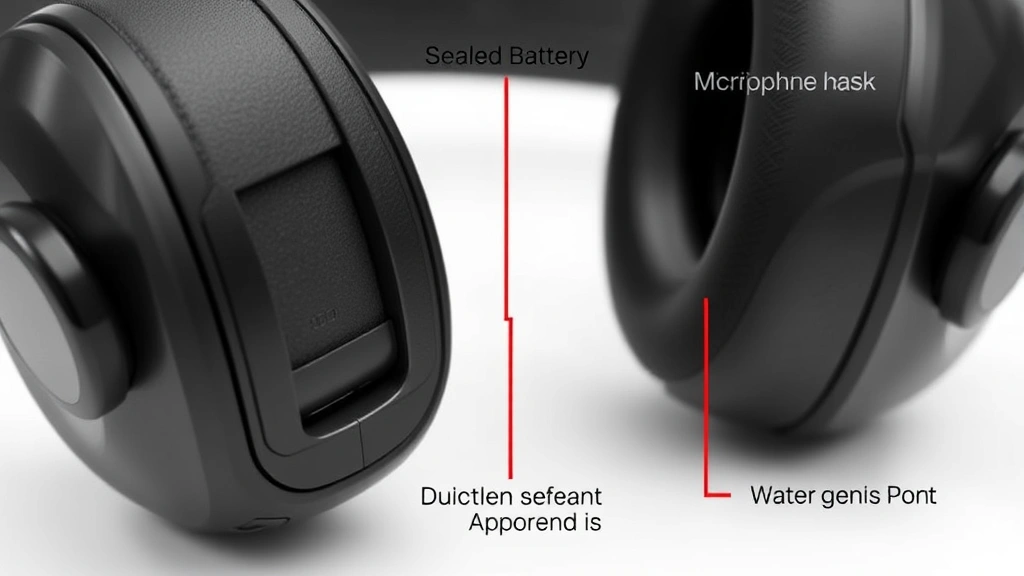 Close-up of modern Bluetooth hearing protection device showing sealed battery compartment, reinforced headband, integrated microphone array, and charging port with water-resistant design elements