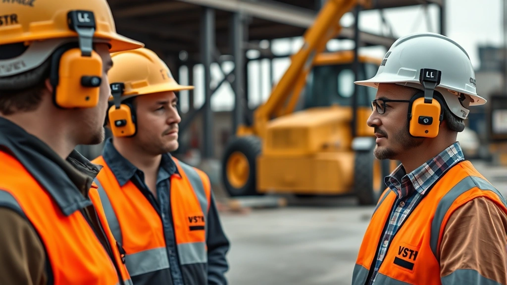 Team of workers wearing matching Bluetooth hearing protection devices communicating wirelessly on construction site, using integrated microphones for safety coordination, background shows loud equipment operation