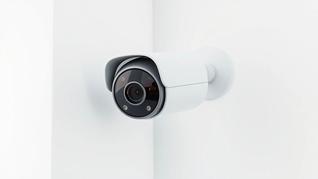 Professional compact security camera mounted on white wall corner, showing sleek modern design with visible lens and LED indicators, neutral background, daylight photography, photorealistic detail