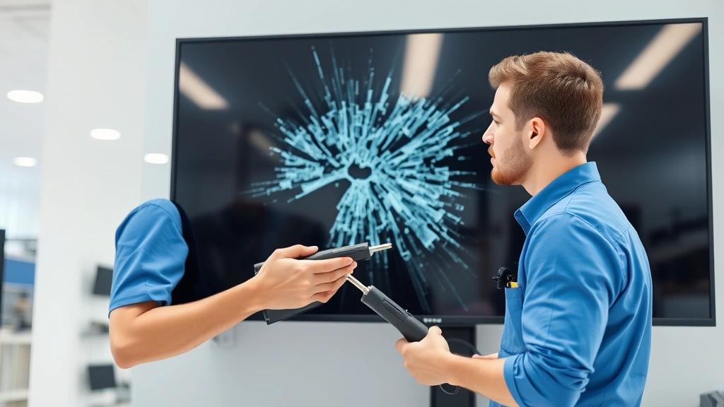 Professional technician in blue shirt carefully inspecting a large modern television screen for damage, holding diagnostic tools, clean bright retail environment, photorealistic