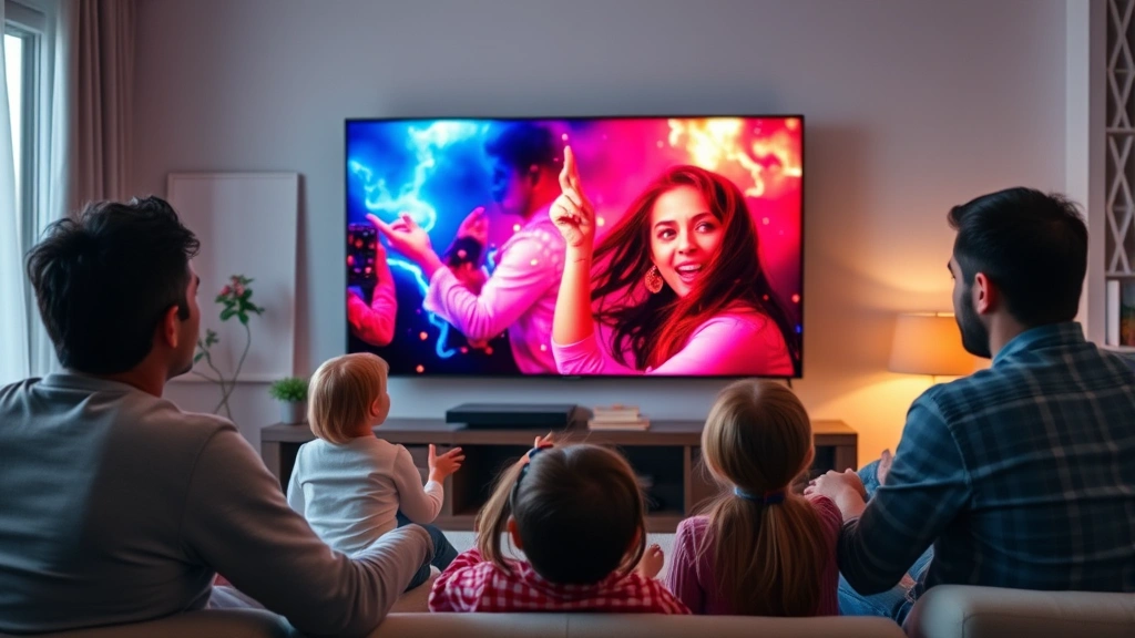 Close-up of television display showing vibrant content, modern living room setting with family watching, warm lighting, contemporary furniture, photorealistic high quality
