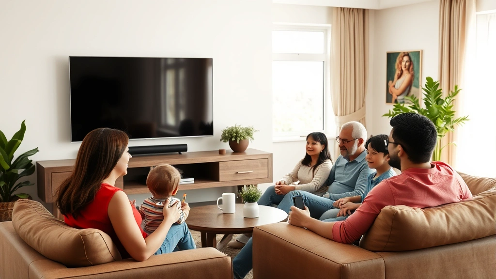 Diverse family enjoying entertainment together in comfortable living room with large television mounted on wall, natural daylight, modern home interior design, photorealistic
