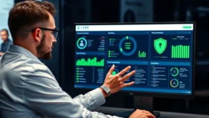 Professional cybersecurity analyst reviewing threat detection dashboard on modern computer monitor, showing real-time malware prevention interface with green security status indicators and network protection visualization