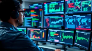 Professional IT security specialist monitoring multiple computer screens displaying real-time threat alerts and network traffic analysis dashboards in a modern security operations center with blue and green data visualization displays