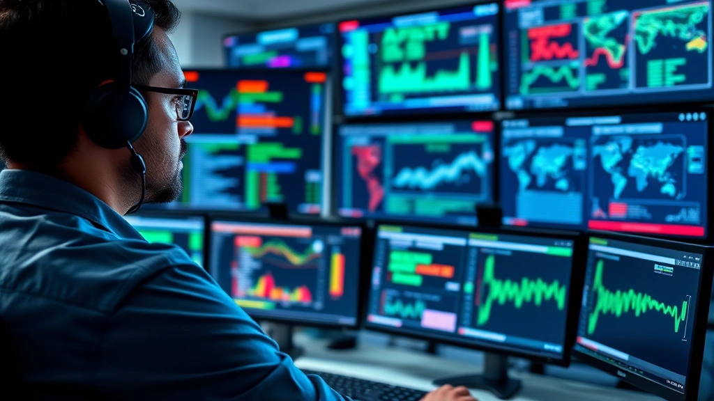 Professional IT security specialist monitoring multiple computer screens displaying real-time threat alerts and network traffic analysis dashboards in a modern security operations center with blue and green data visualization displays