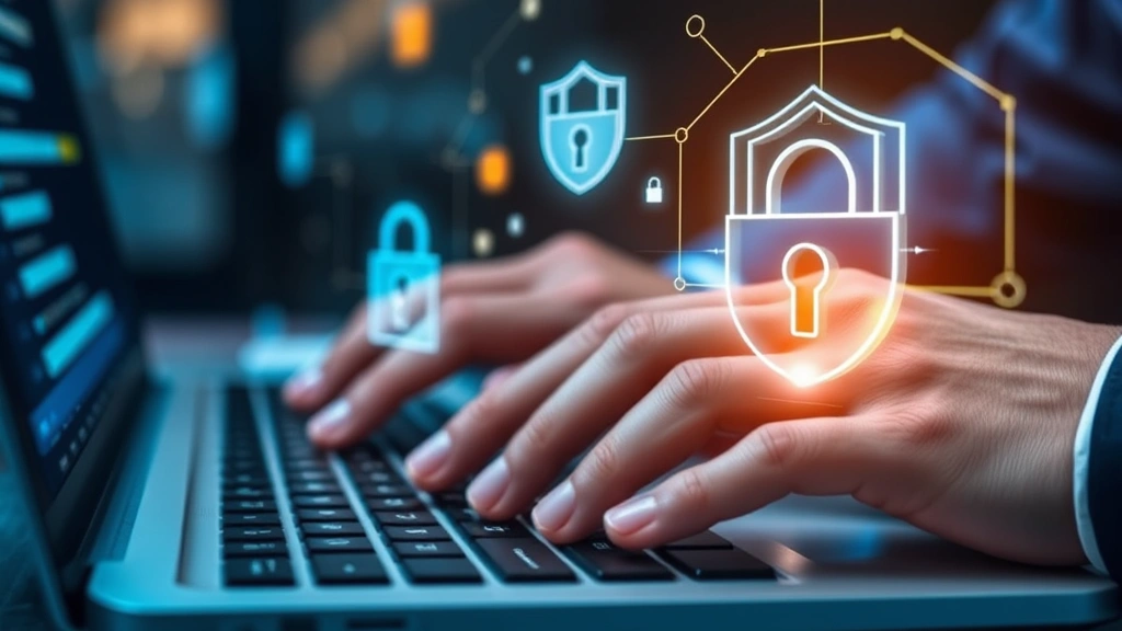 Close-up of cybersecurity professional's hands typing on keyboard with holographic security lock icons and digital shield symbols floating above the workspace, representing data protection and encryption technology
