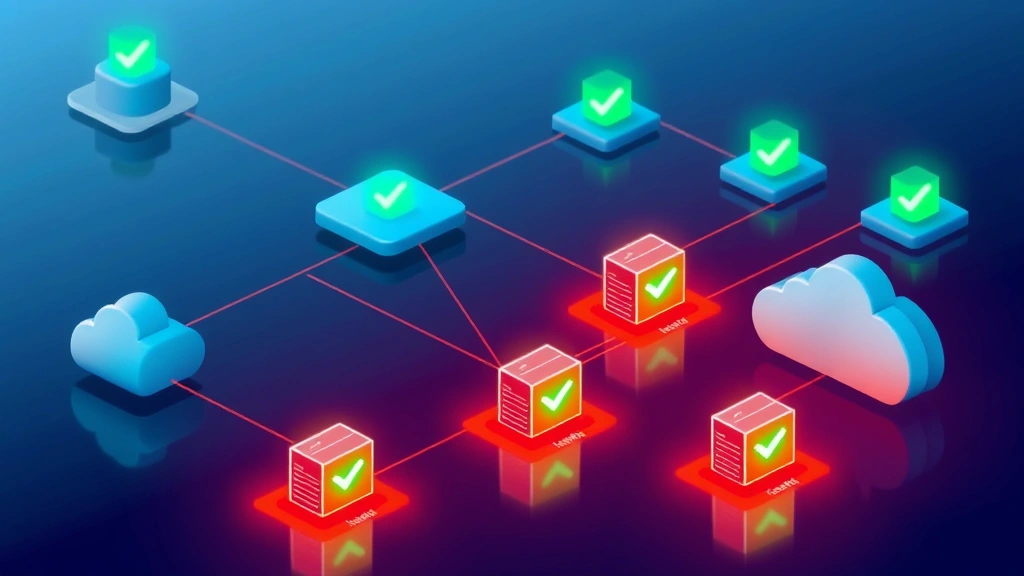 Network infrastructure diagram visualization showing interconnected nodes, firewalls, and protective barriers with glowing green checkmarks indicating secure connections and active threat prevention across cloud and on-premises systems
