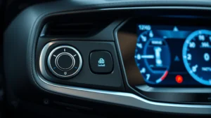 Close-up of modern vehicle electronic lock system with illuminated button and sleek dashboard interface, photorealistic professional automotive photography