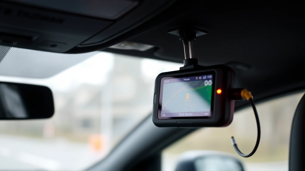 GPS tracking device mounted in vehicle interior near dashboard, showing blinking indicator light and technical security equipment setup