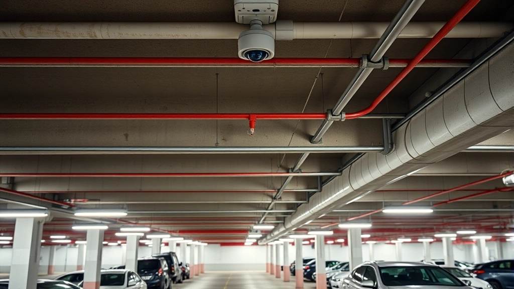 Overhead view of well-lit parking garage with multiple vehicles, bright fluorescent lighting, and security camera visible on ceiling