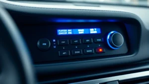 Professional car security alarm system control panel with illuminated buttons and sensor indicators, mounted in modern vehicle dashboard, showing blue and red LED lights, close-up of sophisticated electronics, photorealistic detail