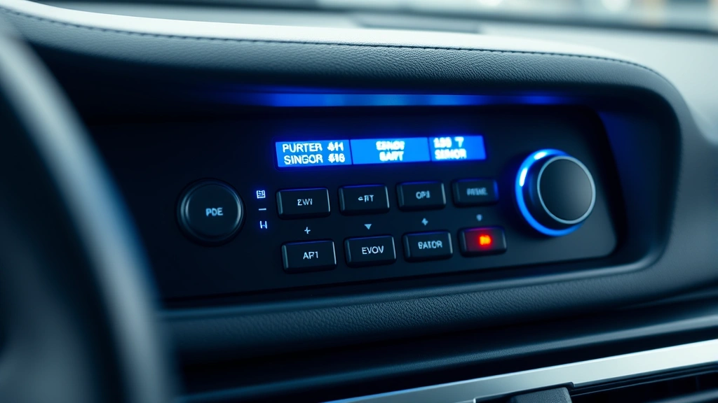 Professional car security alarm system control panel with illuminated buttons and sensor indicators, mounted in modern vehicle dashboard, showing blue and red LED lights, close-up of sophisticated electronics, photorealistic detail