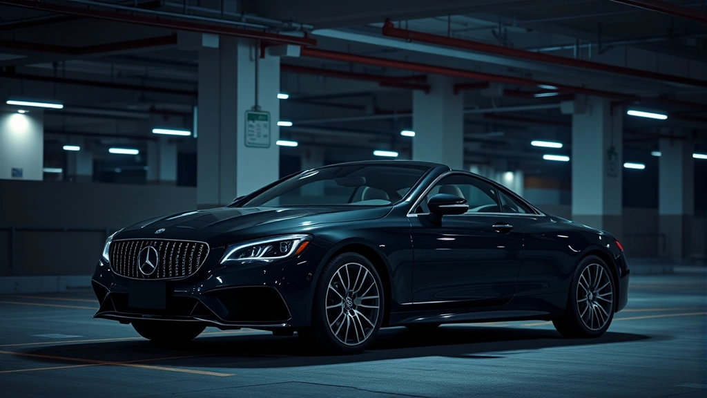 Luxury sedan parked at night in secure parking garage with subtle alarm system indicators visible, modern lighting, professional security environment, photorealistic nighttime scene emphasizing safety